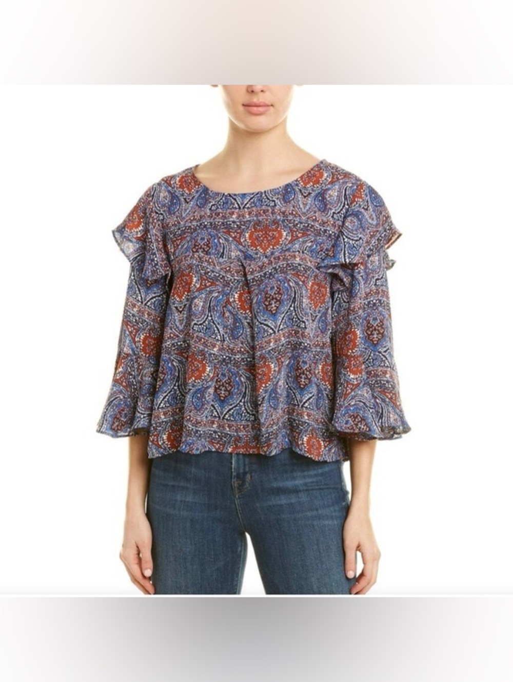 Jack by BB Dakota Blue and Orange Paisley Ruffle-Sleeve Blouse